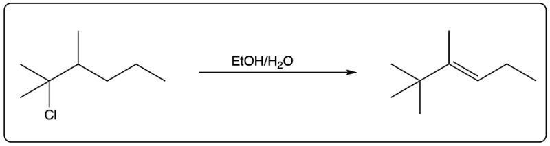 Chloroalkane reacting with EtOH/H2O to form an alkene in an elimination reaction.