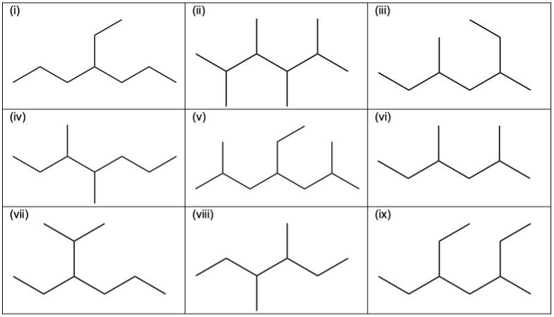 Structures of potential constitutional isomers of C9H20 for organic chemistry.