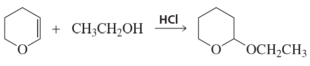 Chemical reaction diagram showing the formation of an ether from an aldehyde and ethanol in the presence of HCl.
