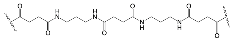 Chemical structure of a polyamide, illustrating step-growth polymerization.