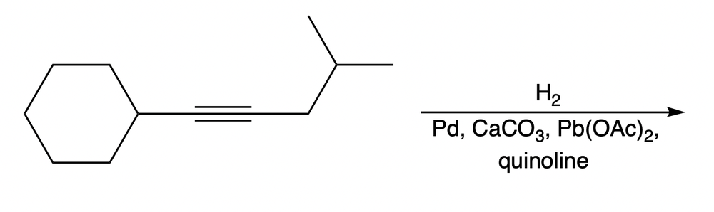 Chemical reaction showing alkyne hydrogenation with a poisoned catalyst.