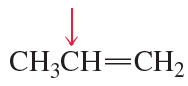 Chemical structure of propene with a red arrow pointing to the indicated atom for hybridization analysis.