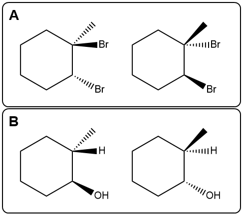Structural representations of products A and B from hydroboration, showing stereochemistry.