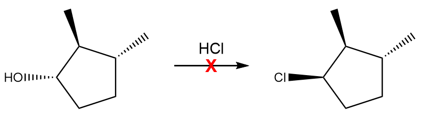 Reaction diagram showing an alcohol reacting with HCl, resulting in an unexpected product.