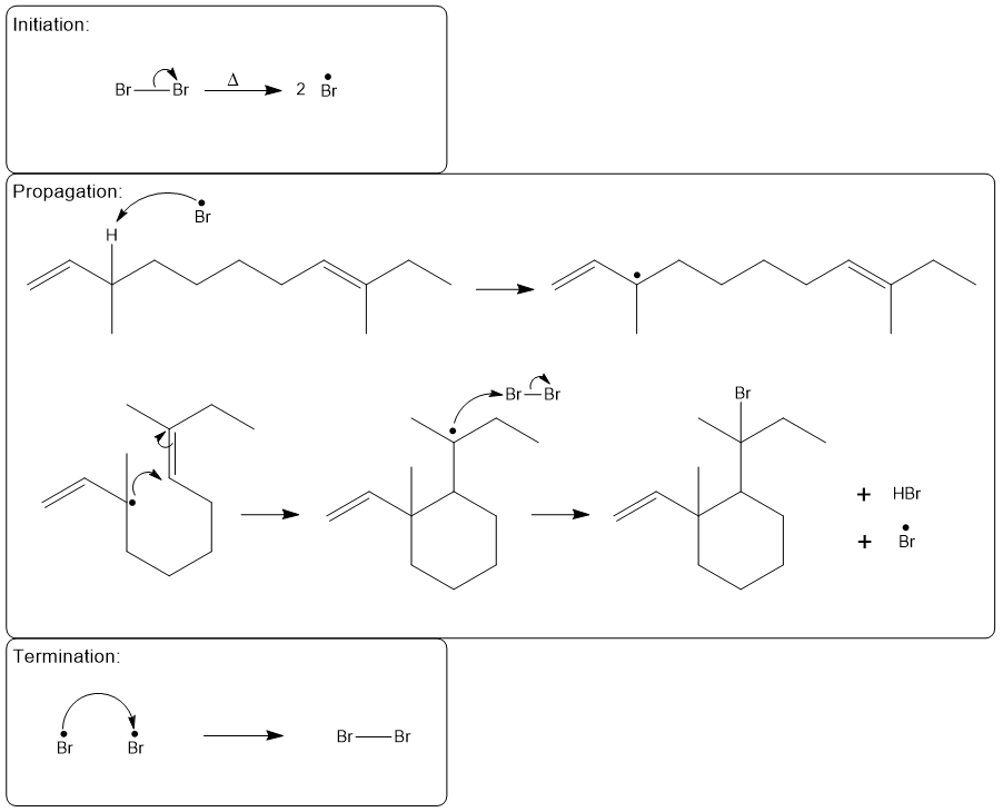 Detailed mechanism of allylic bromination with initiation, propagation, and termination steps.