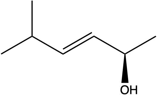 Another representation of (R, E)-5-methylhex-3-en-2-ol with a solid bond to the OH group.