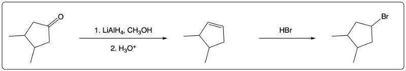 Synthetic scheme showing reduction and bromination steps for 4-bromo-1,2-dimethylcyclopentane.