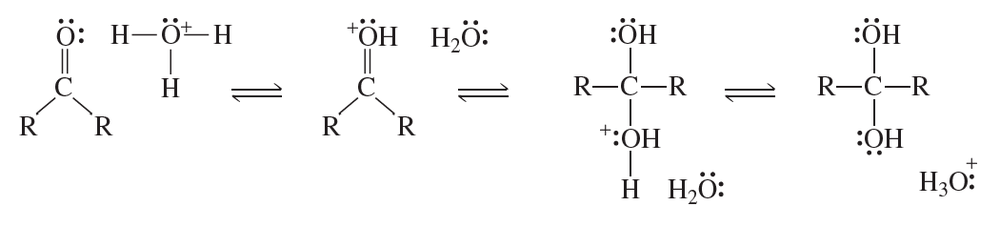Curved arrows illustrate the reaction mechanism involving acids and bases, showing electron movement between molecules.