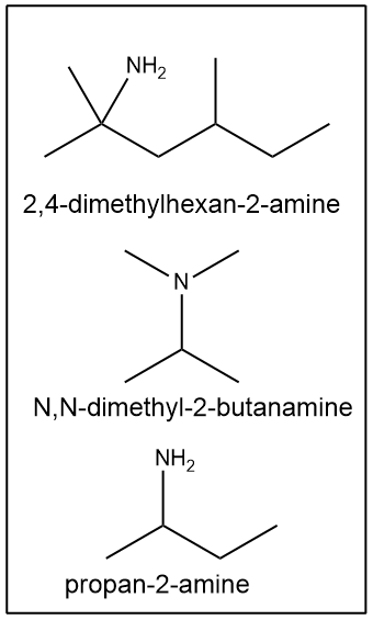 Structures for 2,4-dimethylhexan-2-amine, N,N-dimethyl-2-butanamine, and propan-2-amine.