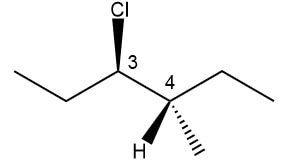 Newman projection showing chlorine and hydrogen at 180° on the 3,4-bond.