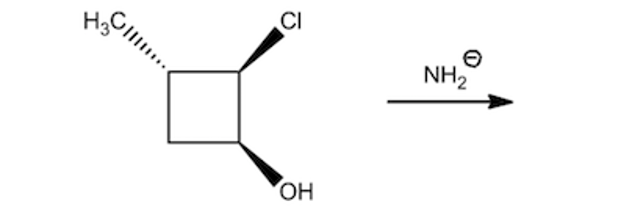 Cyclobutane with methyl, chlorine, and hydroxyl groups reacting with amide ion in an E2 elimination reaction.