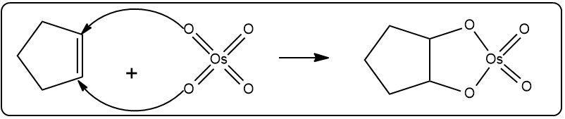 Arrow-pushing mechanism for dihydroxylation reaction in organic chemistry.