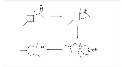 Arrow-pushing mechanism illustrating the steps of substitution reaction with HCl.