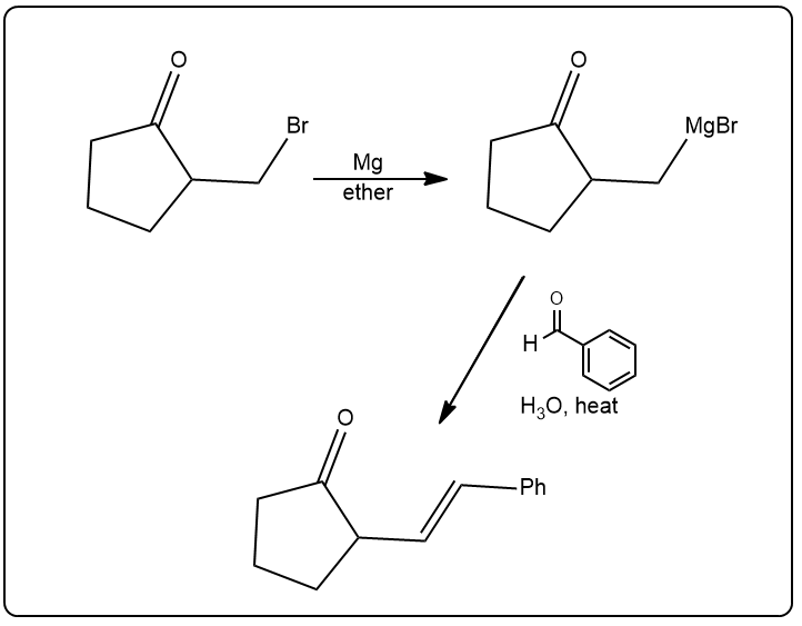 Stepwise synthesis involving Grignard reagent and acid workup to form a carbonyl compound.