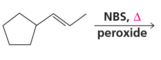 Chemical structure showing allylic bromination with NBS and peroxide, indicating reaction products and stereoisomers.