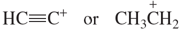 Comparison of two carbocations: HC≡C⁺ and CH₃CH₂⁺, illustrating stability differences.
