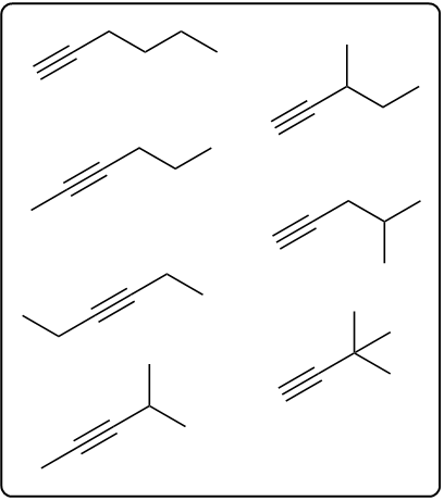 Structural representations of C6H10 alkynes, showing different isomers and stereoisomers.