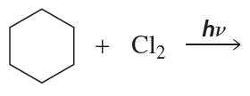 Hexagonal structure of cyclohexane reacting with chlorine gas under light to form products.