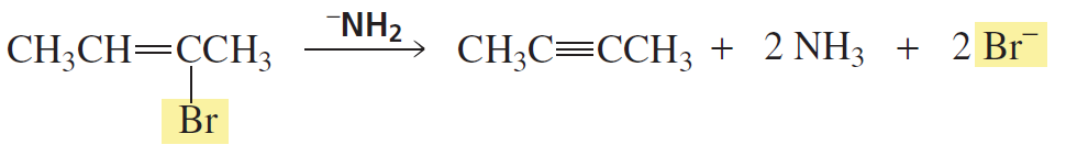 Chemical reaction showing the conversion of a brominated alkene to an acetylide with ammonia and bromide ions.
