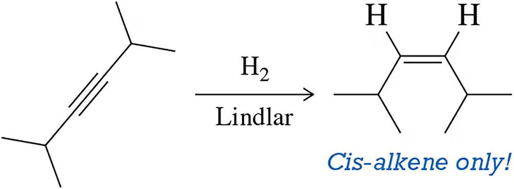 Reduction of an alkyne with hydrogen and Lindlar catalyst yields only a cis-alkene, as indicated in the image.