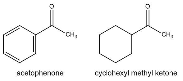 Chemical structures of acetophenone and cyclohexyl methyl ketone for IR spectroscopy analysis.