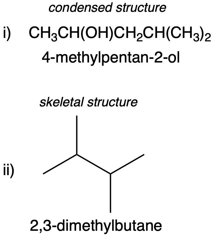 Condensed and skeletal structures of 4-methylpentan-2-ol and 2,3-dimethylbutane.