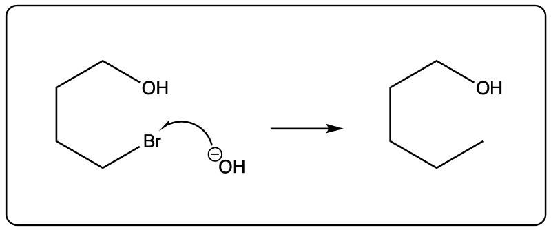 Arrow-pushing mechanism depicting hydroxide and bromine interaction, resulting in a cyclic compound.