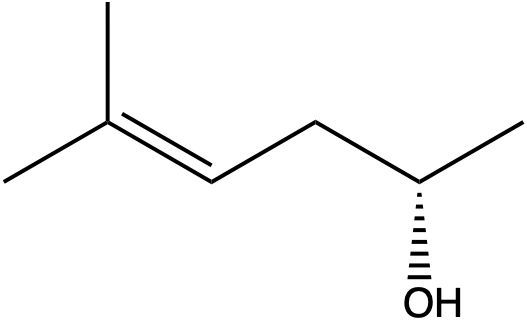 Alternative structure of (R, E)-5-methylhex-3-en-2-ol showing a dashed bond to the OH group.