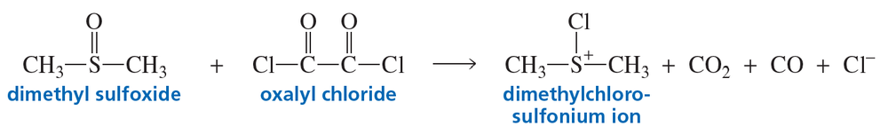 Reaction mechanism showing dimethyl sulfoxide and oxalyl chloride forming dimethylchlorosulfonium ion as an oxidizing agent.