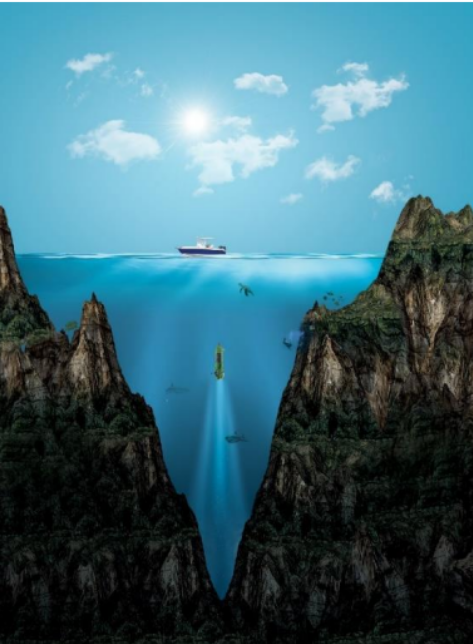 Underwater view of a deep ocean trench with a submersible exploring the Mariana Trench beneath a boat.