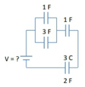 Circuit diagram showing capacitors with values 1F, 3F, 1F, 3C, and 2F connected to a battery with unknown voltage.