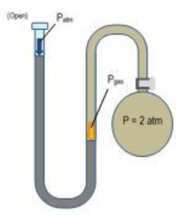 U-shaped manometer with mercury showing 40 cm height difference, connected to 2 atm gas on one side and open to atmosphere on the other.