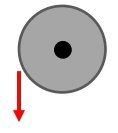 Top view of a spinning disc with a person at its edge jumping tangentially outward, indicated by a red arrow.