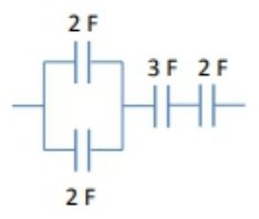 Circuit diagram showing capacitors of 2F, 2F in parallel, connected in series with 3F and 2F capacitors.