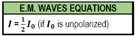 Equation showing transmitted intensity I equals half of initial intensity I₀ for unpolarized light.
