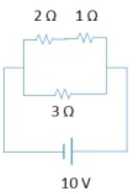Circuit diagram with a 10V battery connected to resistors of 2Ω, 1Ω in series and a 3Ω resistor in parallel.