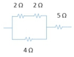 Circuit diagram showing resistors of 2Ω and 2Ω in series, combined in parallel with 4Ω, connected to a 5Ω resistor.