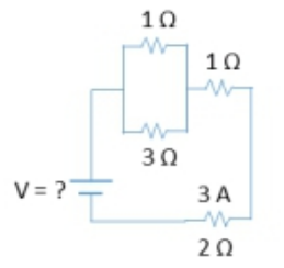Circuit diagram with resistors of 1Ω, 3Ω, 2Ω, and a 3A current, asking for the battery voltage.