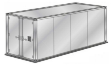 3D illustration of a large open-top rectangular container floating on water with specified base dimensions.