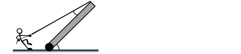 Stick figure pulls a rope at 30° to a 10 m beam held at 53° by a hinge on the floor, showing forces in equilibrium.
