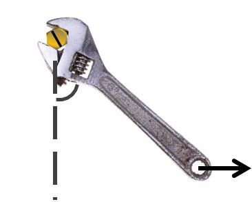 Wrench tightening a gold bolt with 100 N force at 25 cm length, force applied at 53° angle to wrench.