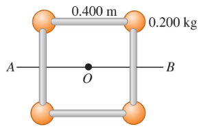 Four orange spheres, each 0.200 kg, form a square with 0.400 m sides, connected by light rods, with point O at the center.