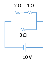 Circuit diagram with three resistors (2Ω, 1Ω, 3Ω) connected to a 10V battery, asking for current and voltage.