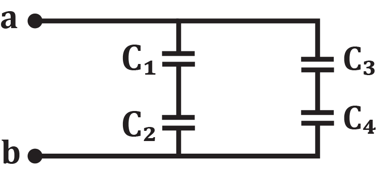 Circuit diagram showing capacitors C1, C2, C3, and C4 in series and parallel for energy calculations.