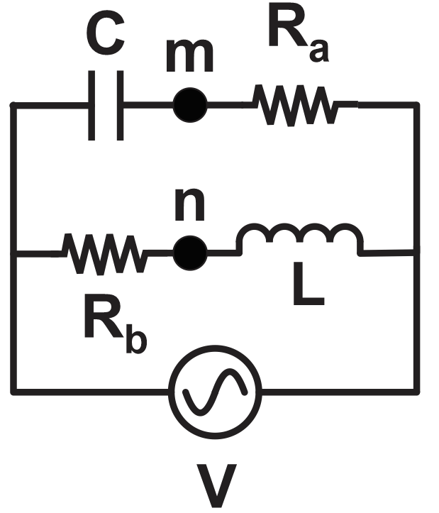 Circuit diagram showing components C, Ra, Rb, L, and points m and n for analyzing potential difference.