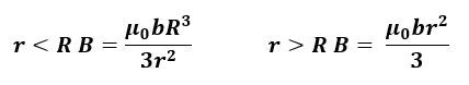 Formulas for magnetic field B inside and outside a cylindrical conductor with varying parameters.