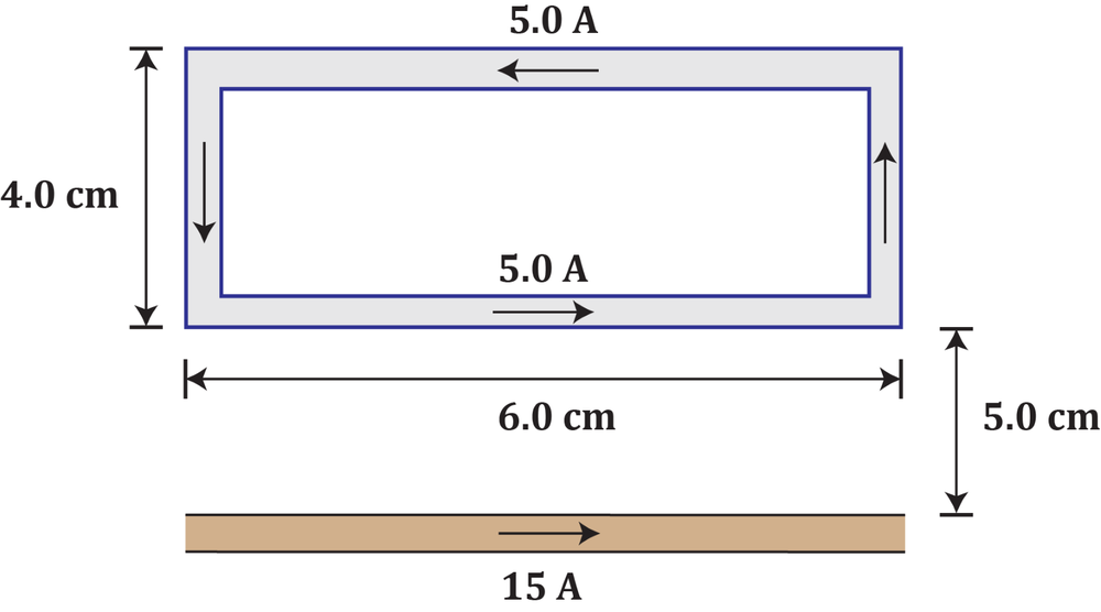 Diagram showing a rectangular loop with dimensions 6.0 cm by 4.0 cm carrying 5.0 A current near a 15 A wire.