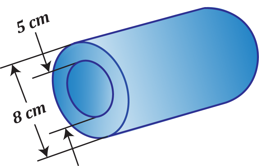 Blue cylindrical aluminum pipe with inner diameter 5 cm, outer diameter 8 cm, and length 10 meters shown in cross-section.