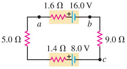 Circuit diagram with two batteries, internal resistances, and resistors labeled with values. Points a, b, and c marked.