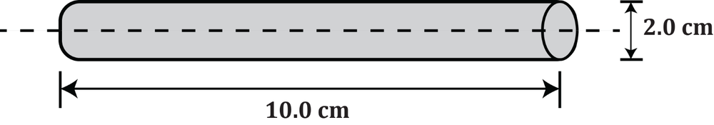 Copper cylindrical rod 10 cm long and 2 cm diameter with dimensions labeled for resistance calculation.